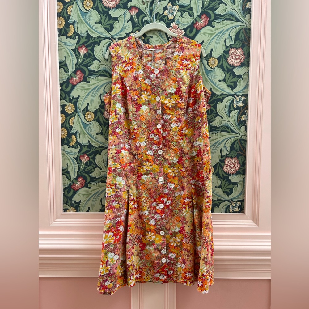 70s 1970s Plus Size Vintage Floral Button Down sleeveless psychedelic dress